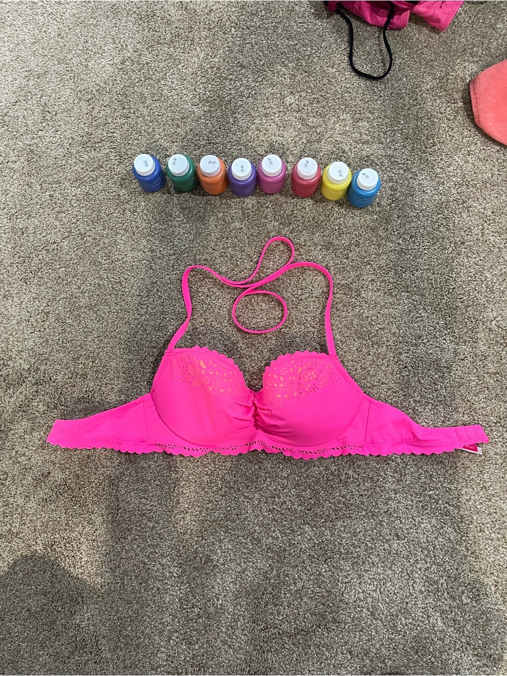 Victoria Secret Hot Pink Lace Trim Bikini Top 36 C swim